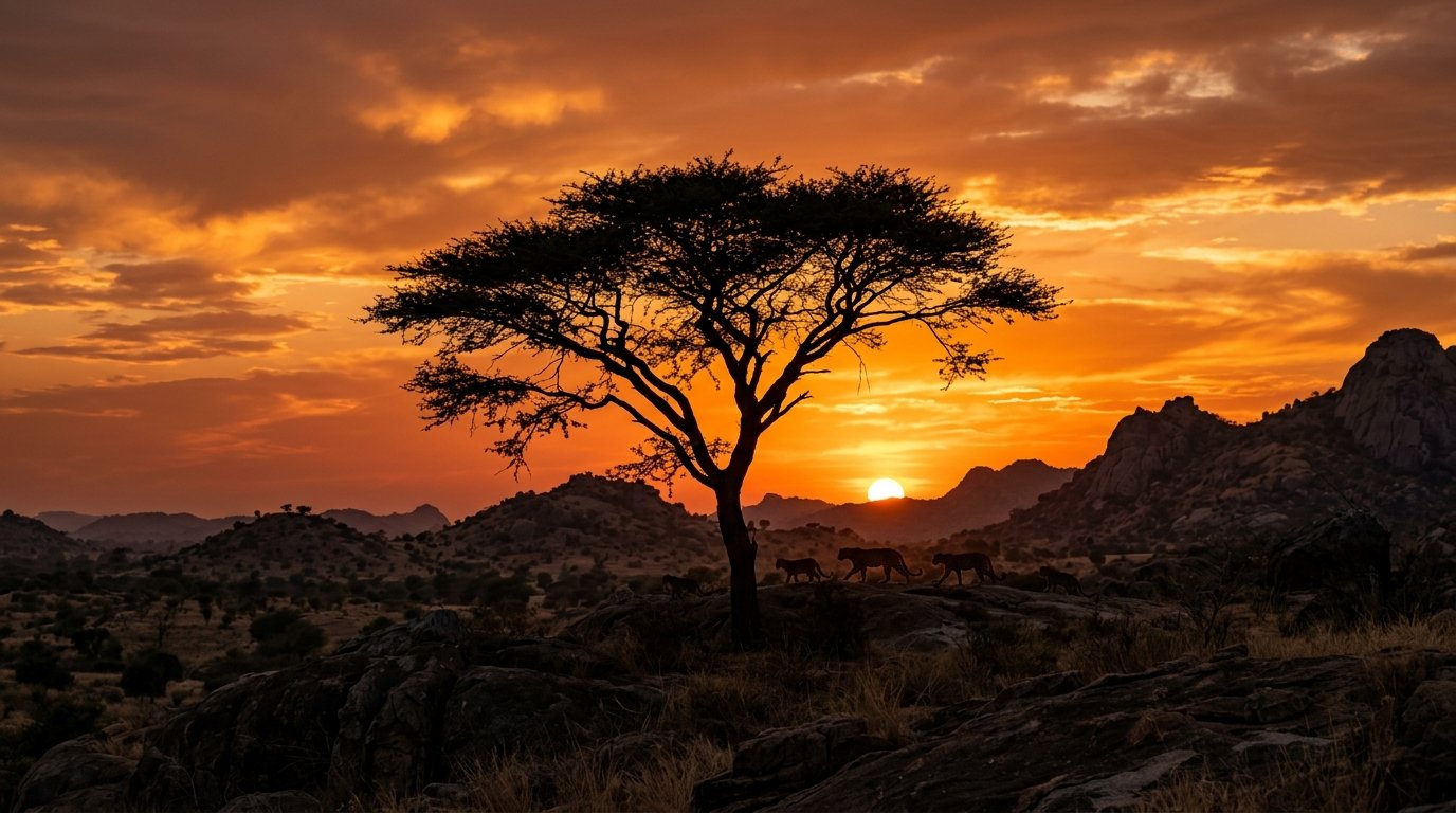 Sunset over savanna landscape