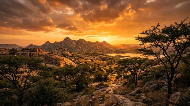 Sunset over ancient granite hillocks in Jawai