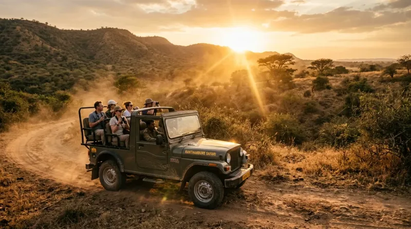 Open 4x4 safari jeep with naturalists traversing Jhalana wilderness