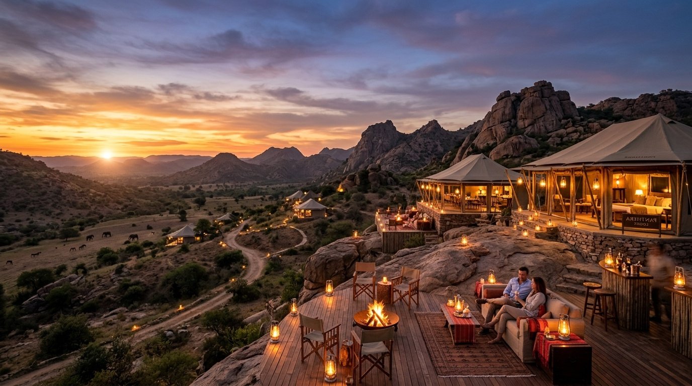 Luxury wilderness safari camp overlooking Rajasthan leopard valley at twilight