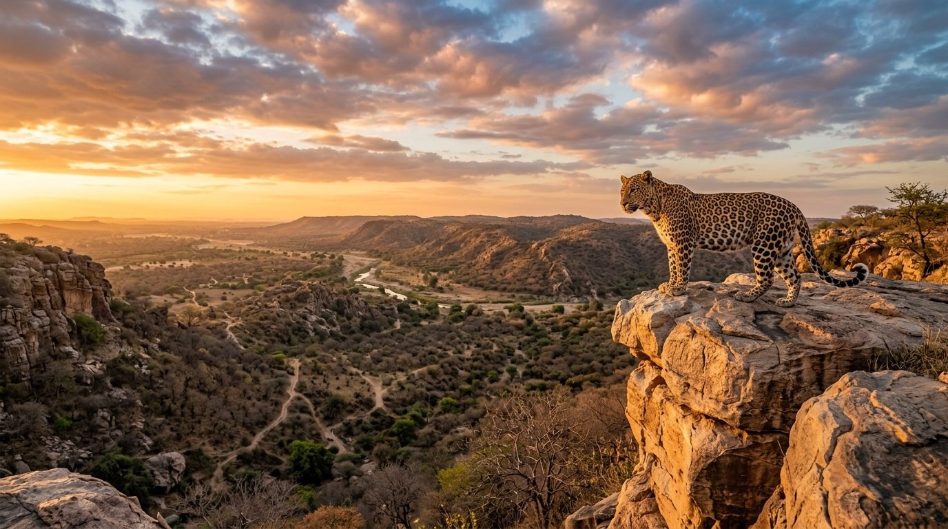 Majestic wild Indian leopard on granite plateau in golden hour light