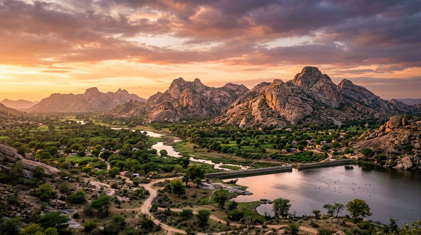 Jawai granite hills sunset panoramic valley