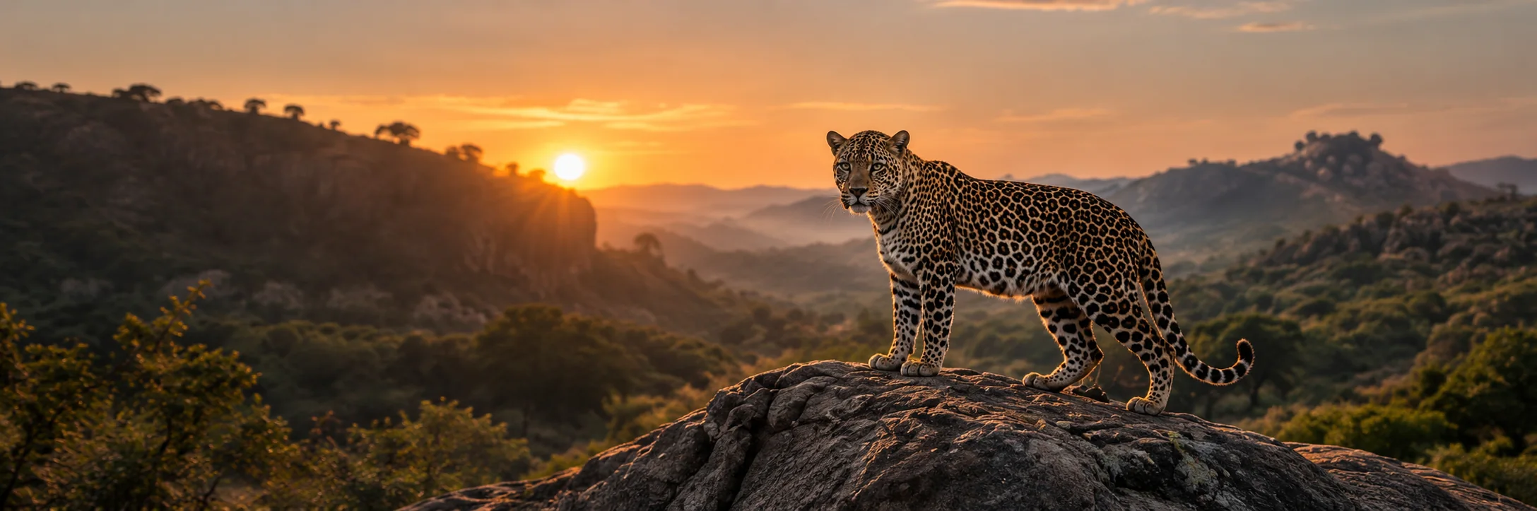Panoramic view of granite hills during golden sunset